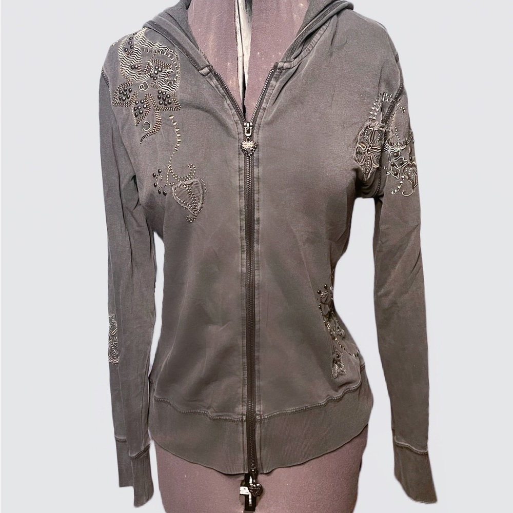 Vertigo Paris Medium Grey Floral Sequin Lightweight Zip Hoodie